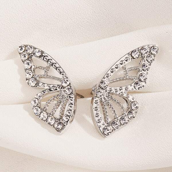 

1pair Rhinestone Butterfly Wing Stud Earrings, Silver