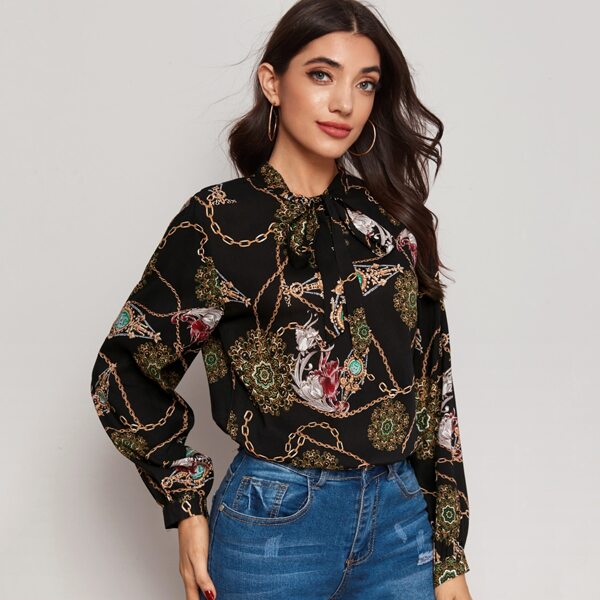 

Tie Neck Chain Print Chiffon Blouse, Black