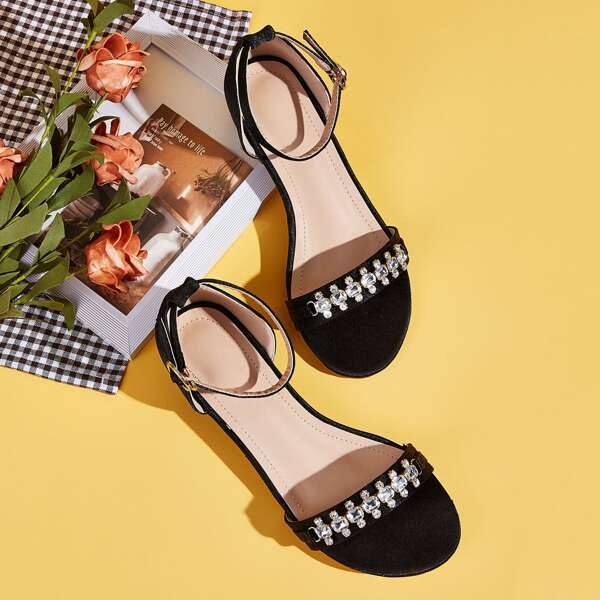

Rhinestone Decor Ankle Strap Flat Sandals, Black