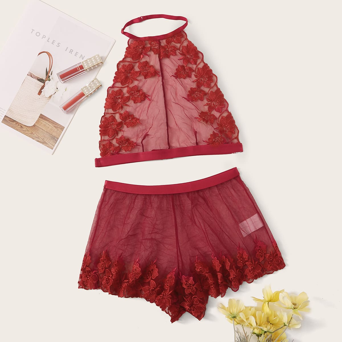 

Floral Embroidery Mesh Halter Lingerie Set, Red