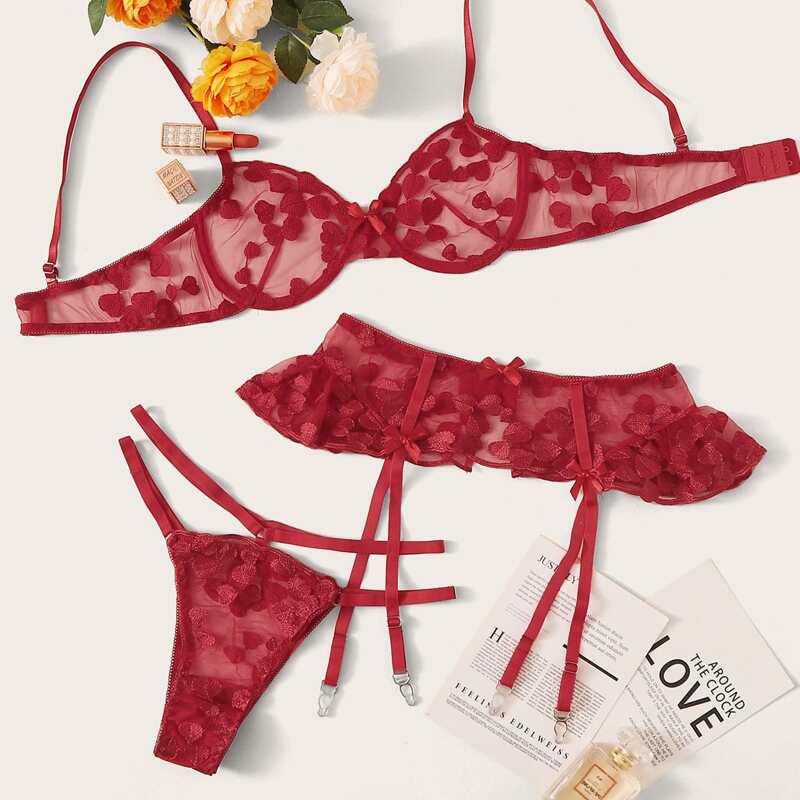 

Heart Appliques Sheer Mesh Underwire Lingerie Set, Burgundy