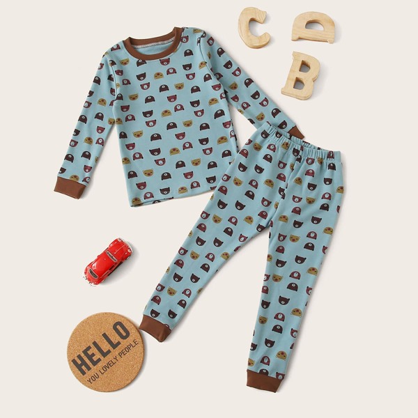 

Toddler Boys Allover Cartoon Print Ringer Tee With Sweatpants, Multicolor