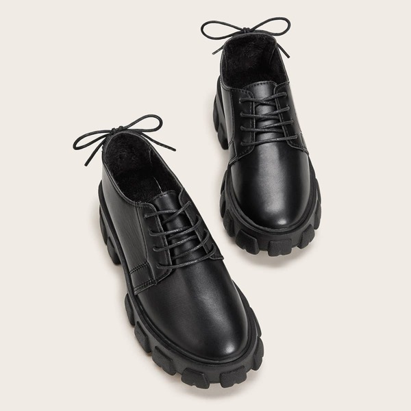 

Tie Back Lug Sole Lace-up Front Flats, Black