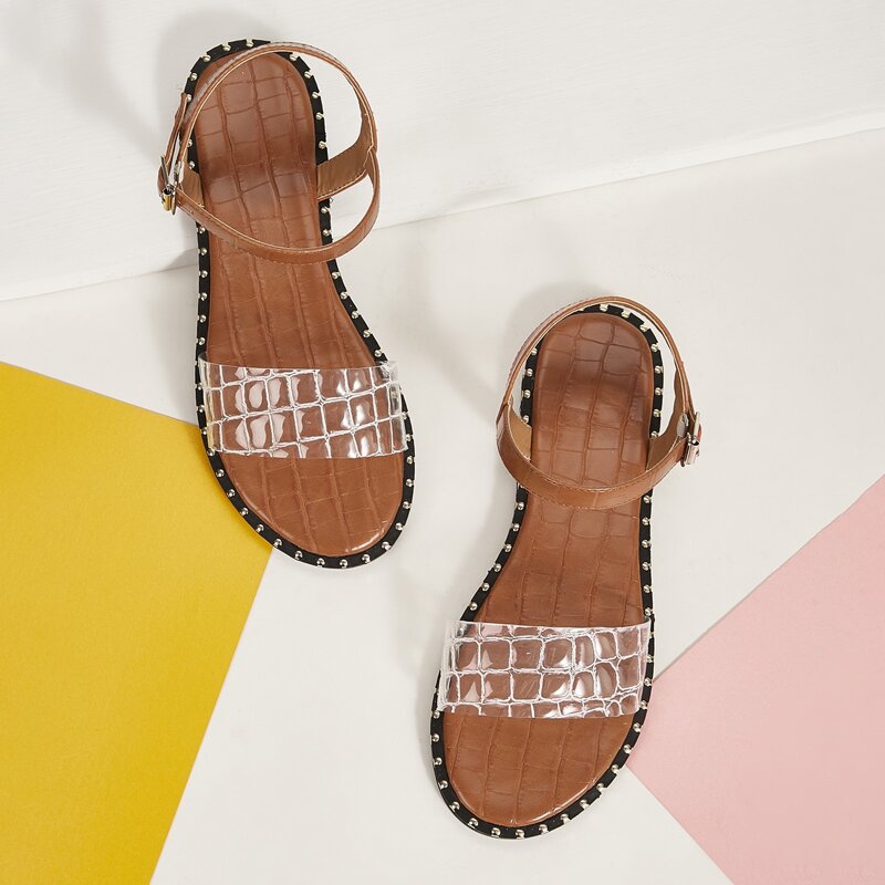 

Croc Embossed Open Toe Ankle Strap Flat Sandals, Brown