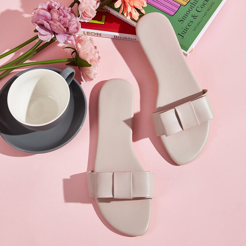 

Bow Decor Open Toe Sliders, Nude