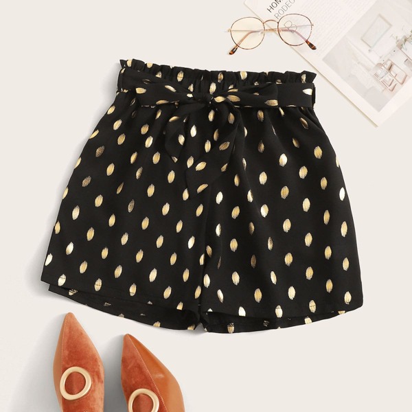 

Metallic Polka Dot Belted Shorts, Black