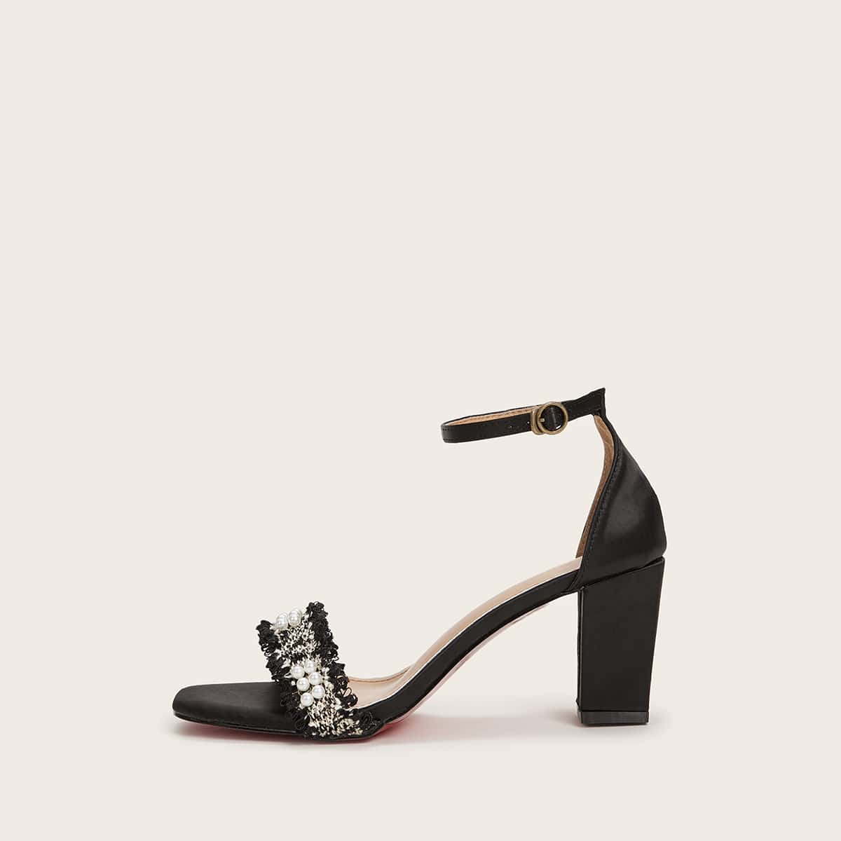 

Faux Pearl Decor Braided Ankle Strap Chunky Heels, Black