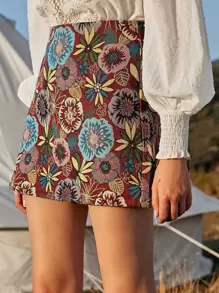 SHEIN VCAY Zip Back Floral Jacquard Skirt - Multicolor - View 5