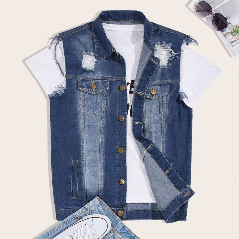 

Guys Raw Hem Flap Pocket Denim Jacket, Blue