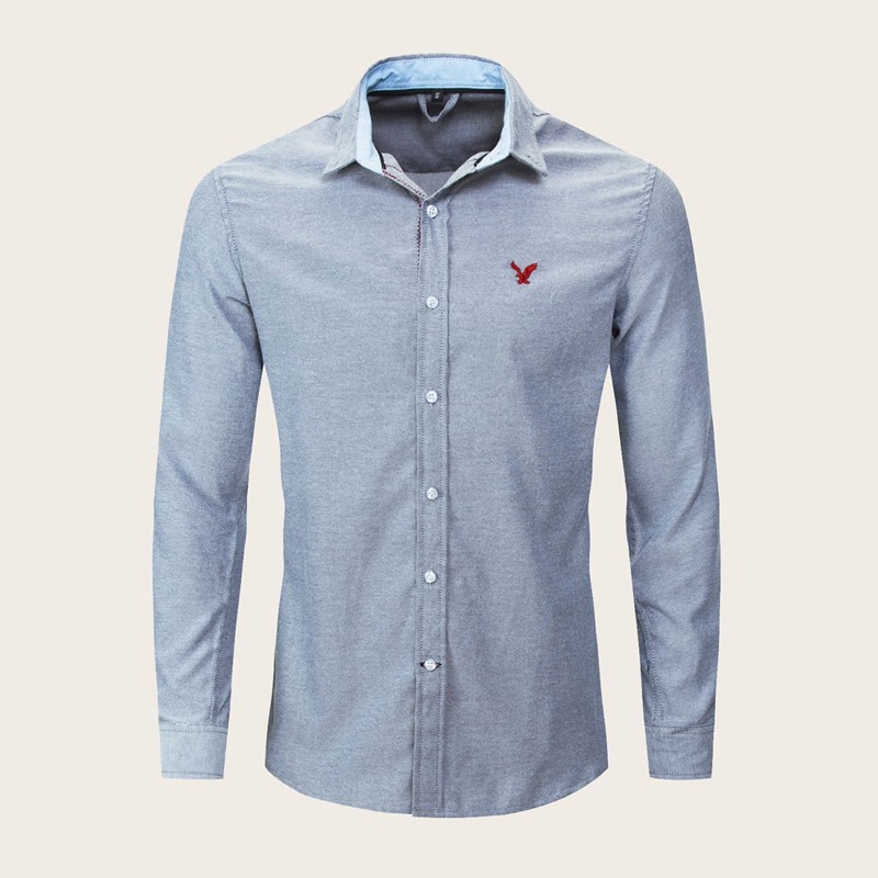 

Guys Embroidery Button Up Shirt, Blue