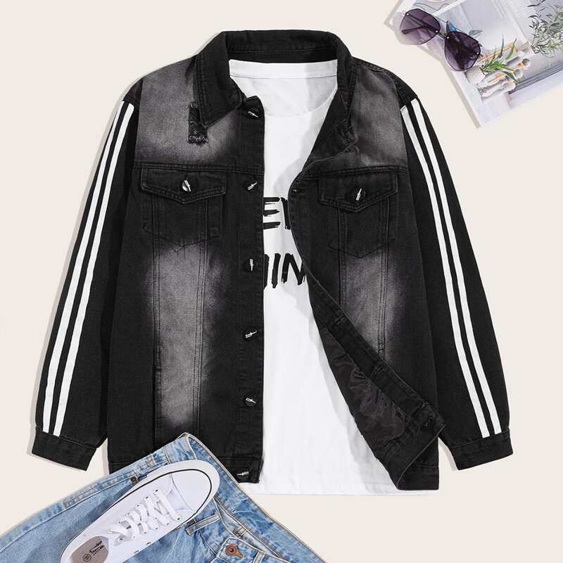 

Guys Side Stripe Flap Pocket Denim Jacket, Black