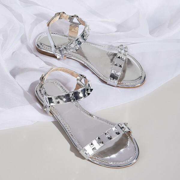 

Metallic Studded Decor Ankle Strap Flat Sandals, Silver
