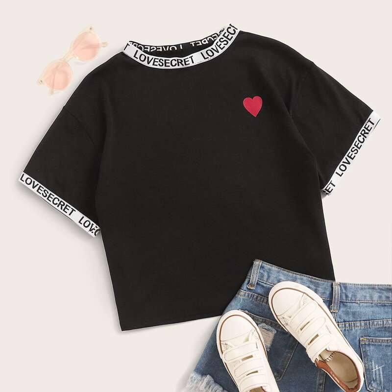 

Heart Print Letter Graphic Tape Trim Tee, Black