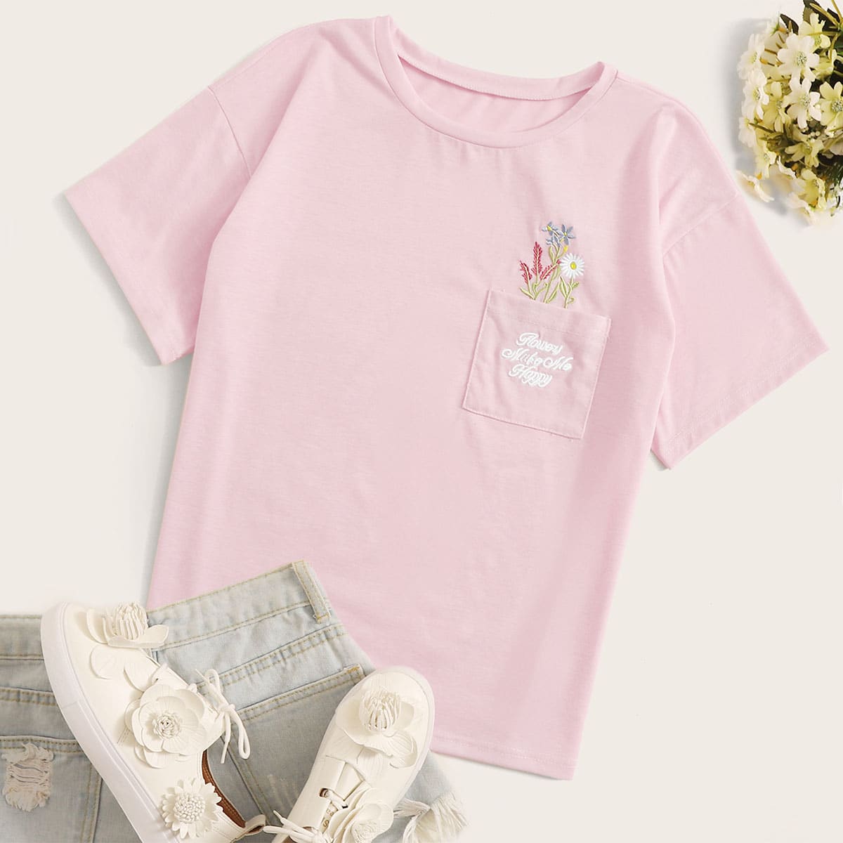 

Floral And Letter Embroidered Pocket Front Tee, Pink pastel
