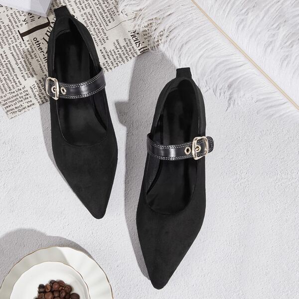 

Point Toe Buckle Strap Flats, Black