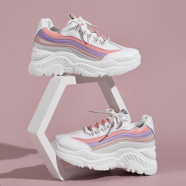 

Color Block Lace-up Front Chunky Sneakers, White