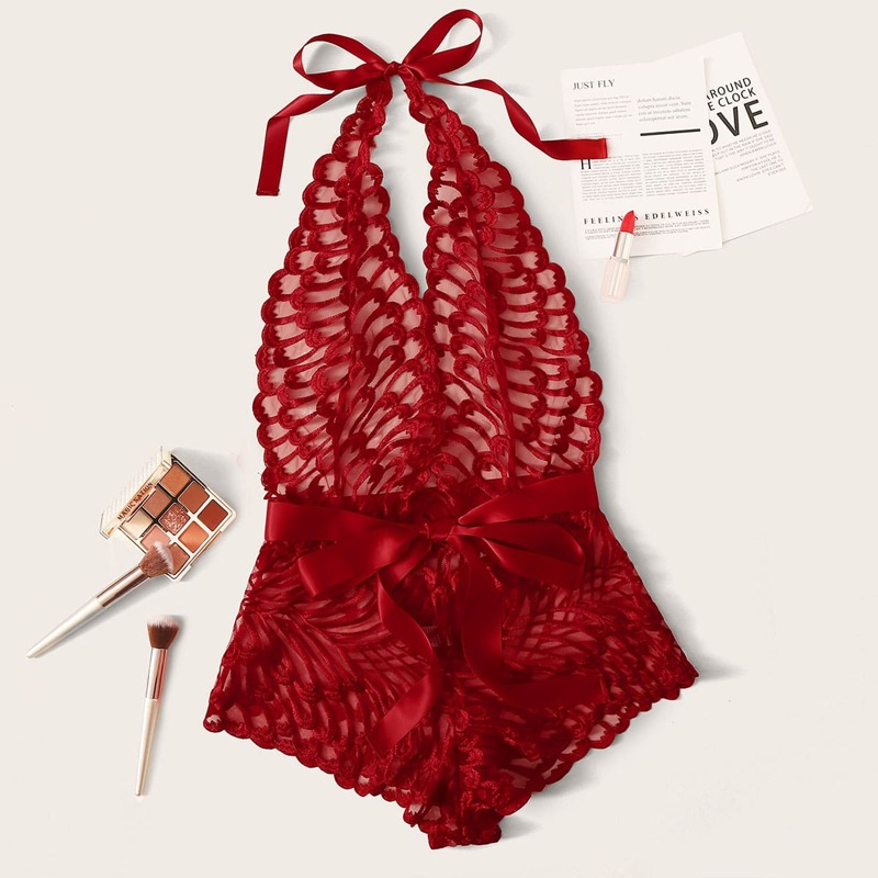 

Embroidery Mesh Halter Romper Bodysuit, Red