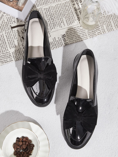 Patent Bow Decor Flat Loafers