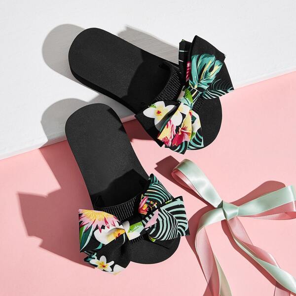 

Girls Bow Decor Open Toe Sliders, Multicolor