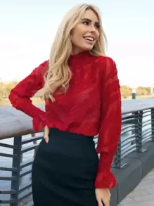 SHEIN Shirred Neck Ruffle Cuff Fuzzy Top - Burgundy - View 1