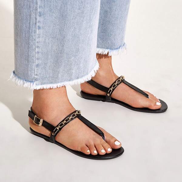 

Metal Decor Toe Post Slingback Flat Sandals, Black