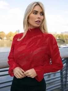 SHEIN Shirred Neck Ruffle Cuff Fuzzy Top - Burgundy - View 4