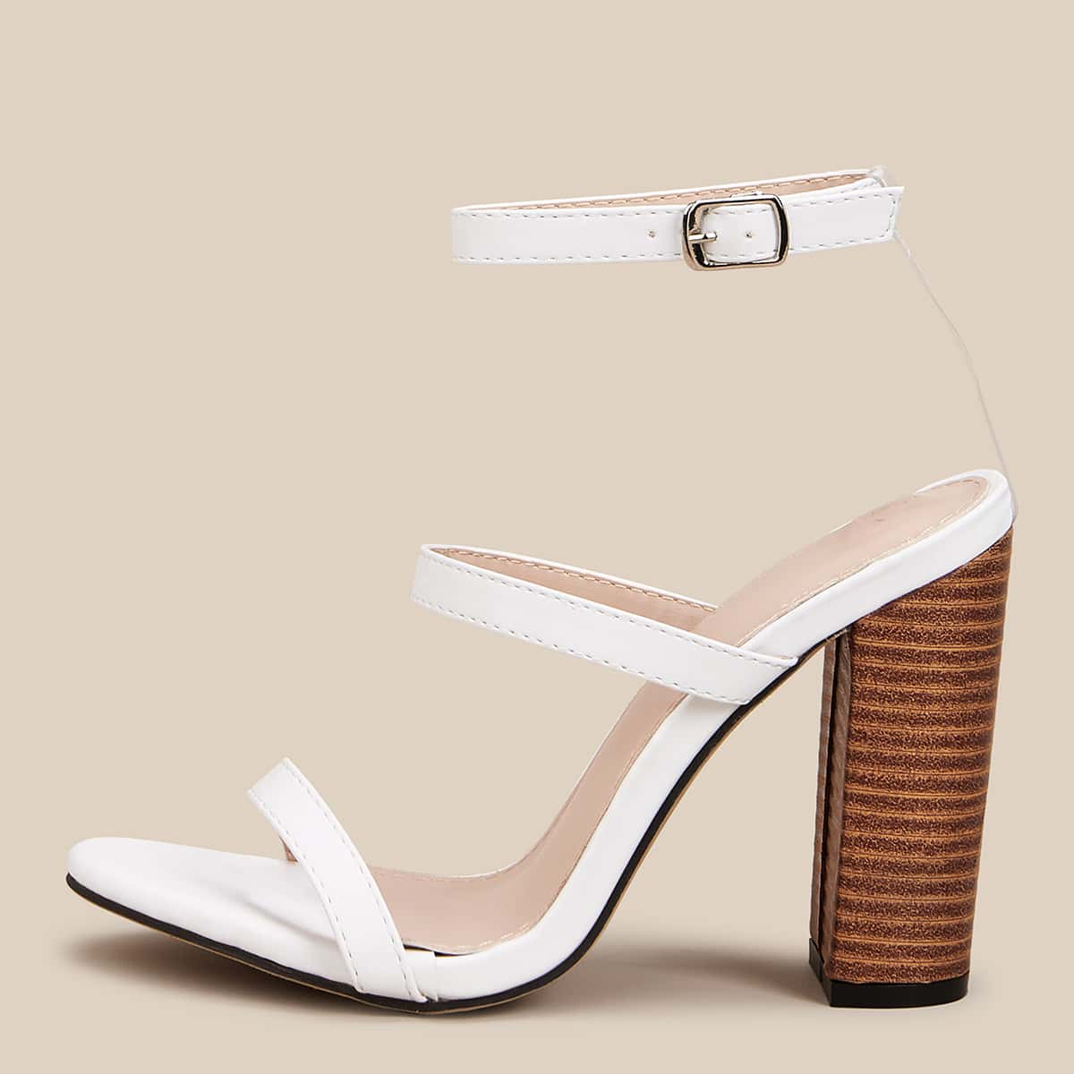 

Open Toe Ankle Strap Chunky Heels, White