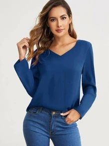 SHEIN Clasi V-neck Solid Top - Navy Blue - View 1
