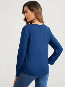 SHEIN Clasi V-neck Solid Top - Navy Blue - View 2