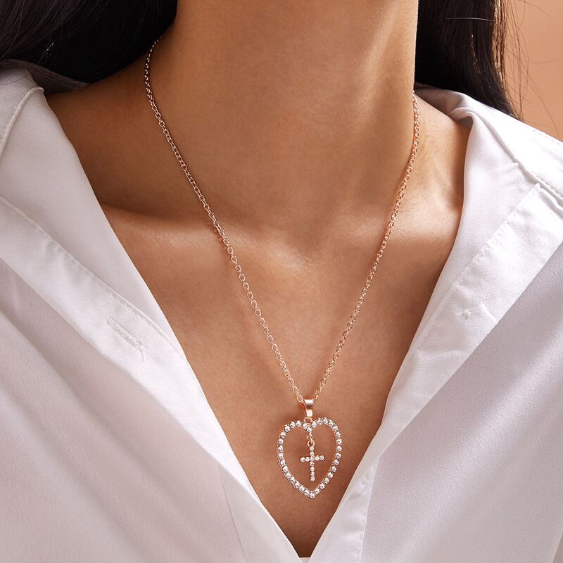 

1pc Rhinestone Engraved Cross Heart Charm Necklace, Gold