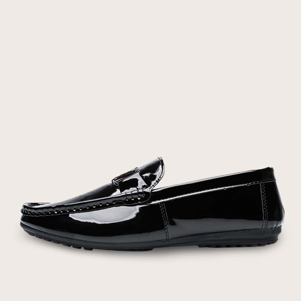 

Men Patent Metal Decor Flat Loafers, Black