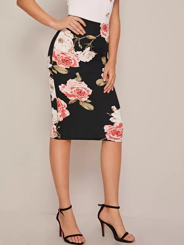 Floral Print Midi Pencil Skirt