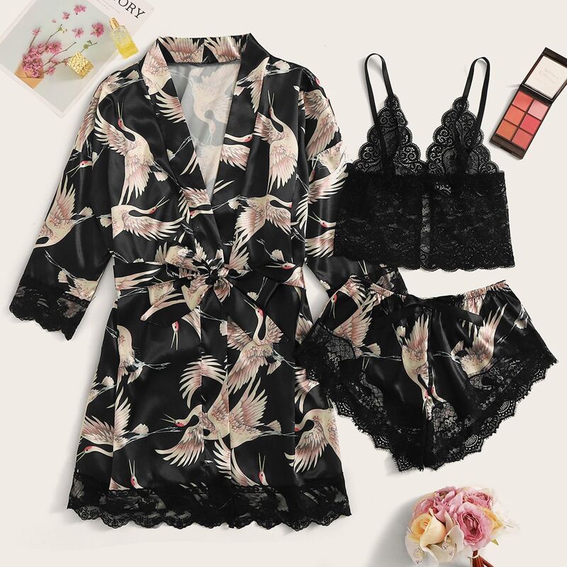 

3pack Crane Print Contrast Lace Satin Lingerie Set & Belted Robe, Multicolor