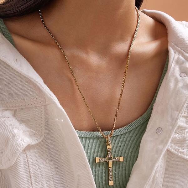 

1pc Rhinestone Engraved Cross Charm Necklace, Gold