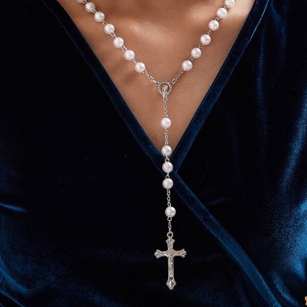 

1pc Cross Charm Faux Pearl Beaded Lariat Necklace, White