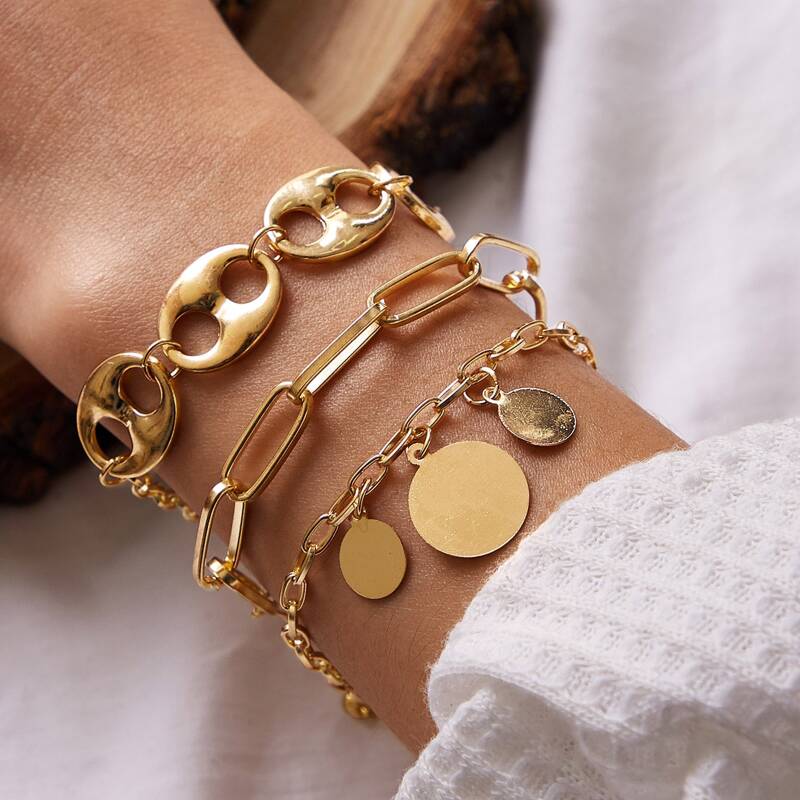 

3pcs Disc Decor Chain Bracelet, Gold