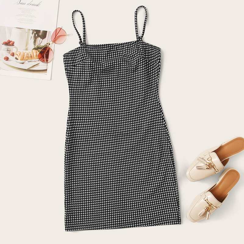

Houndstooth Bodycon Cami Dress, Black and white