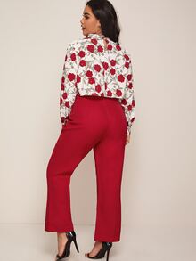 大碼鎖孔領口花卉短版上衣和傘狀腿褲子套裝 - 彩色 - 查看 2