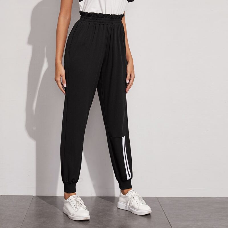 

Paper Bag Waist Striped Sweatpants, Black