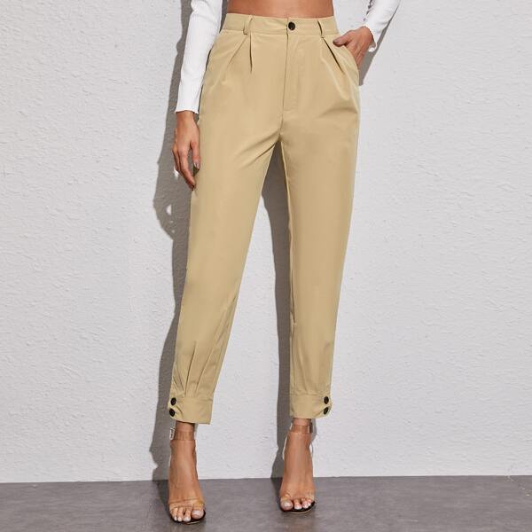 

Solid Buttoned Cuff Tapered Pants, Khaki