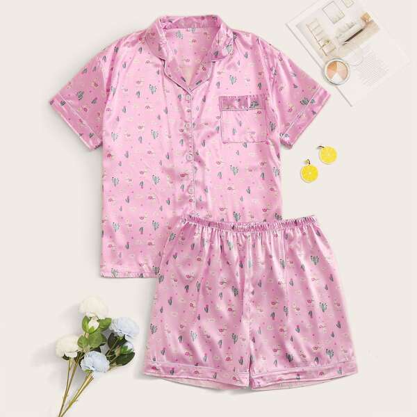 

Plus lapel Neck Cartoon Graphic Satin PJ Set, Pink