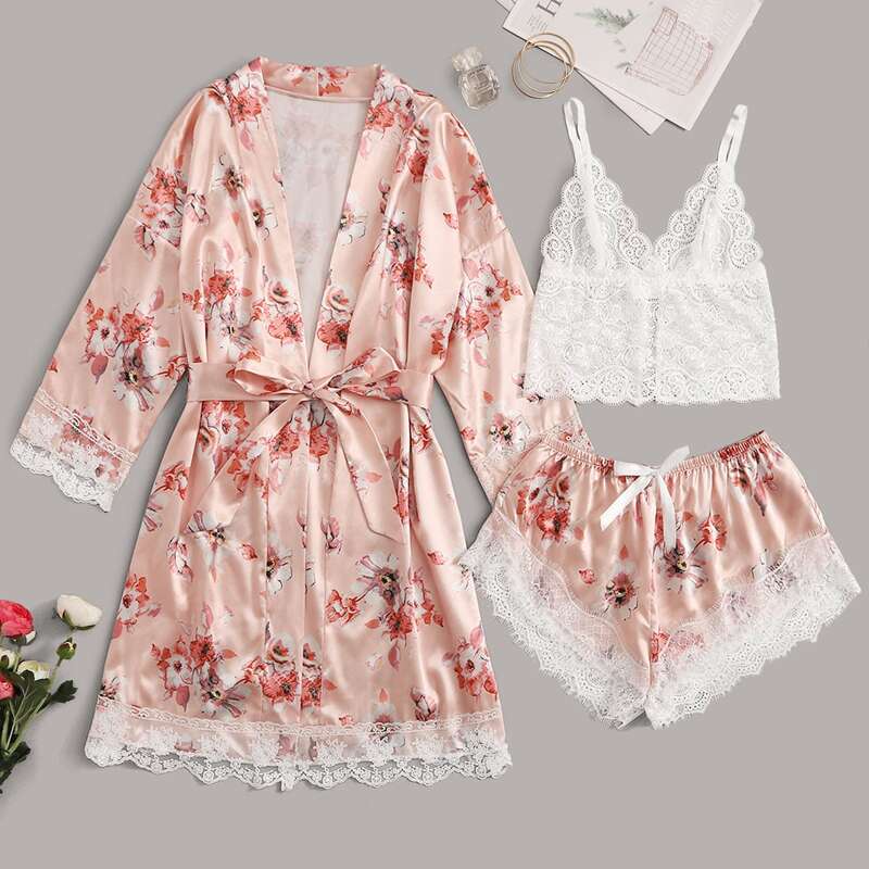

3pack Floral Print Contrast Lace Lingerie Set & Satin Belted Robe, Pink