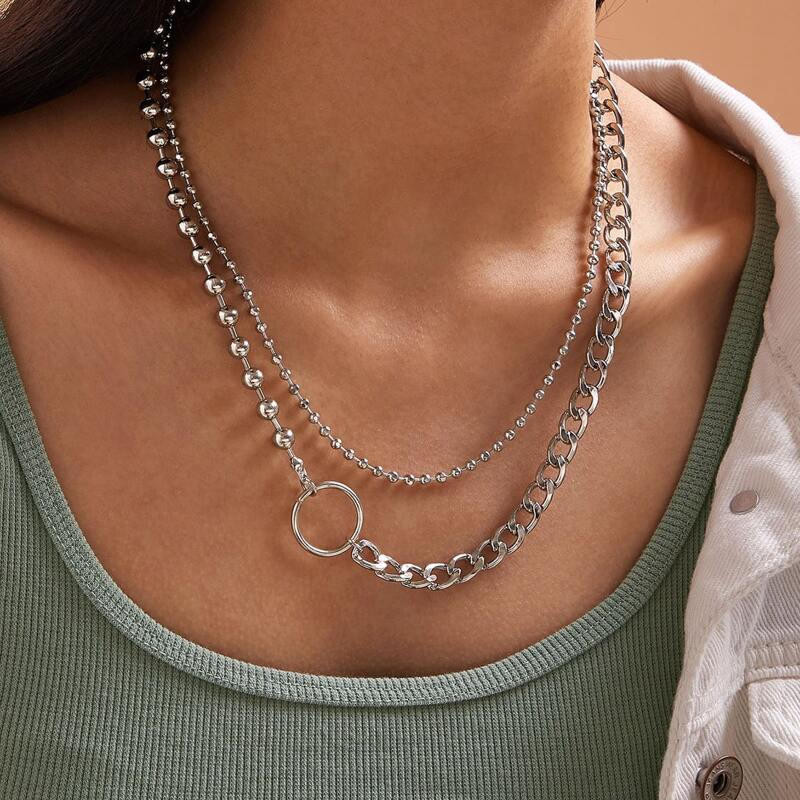 

2pcs Ring Decor Beaded Chain Necklace, Silver