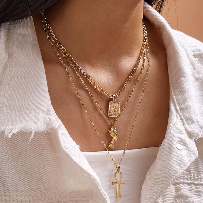 

1pc Cross & Square Charm Layered Necklace, Gold