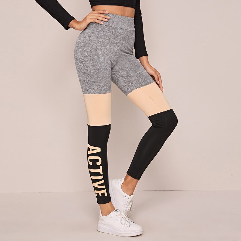 

Wide Waistband Colorblock Letter Graphic Leggings, Multicolor