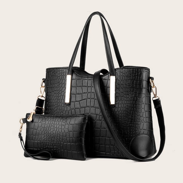 

2pcs Croc Embossed Tote Bag With Clutch Bag, Black