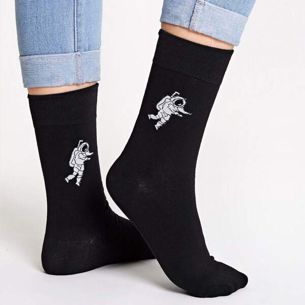 

1pair Astronaut Pattern Socks, Black