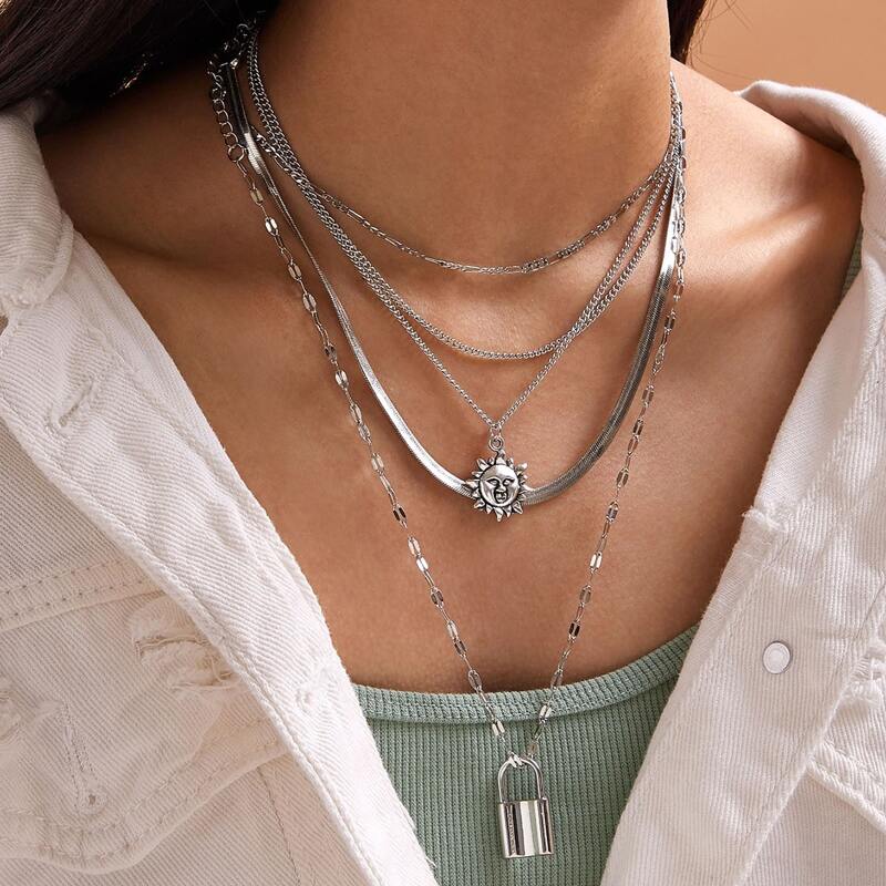 

4pcs Sun & Lock Charm Necklaces, Silver