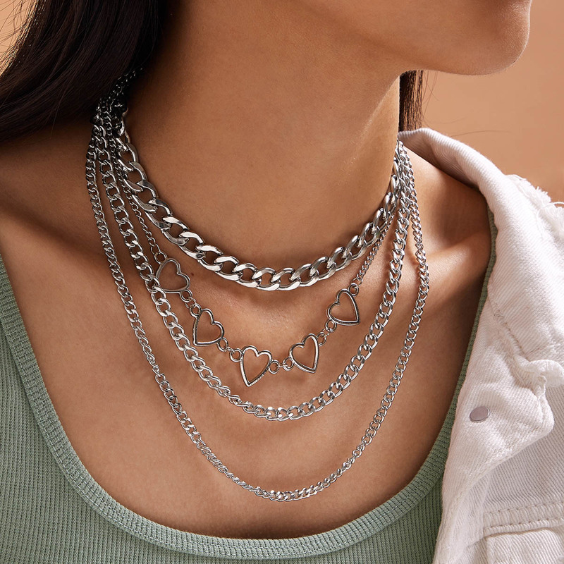 

4pcs Heart Chain Necklaces, Silver
