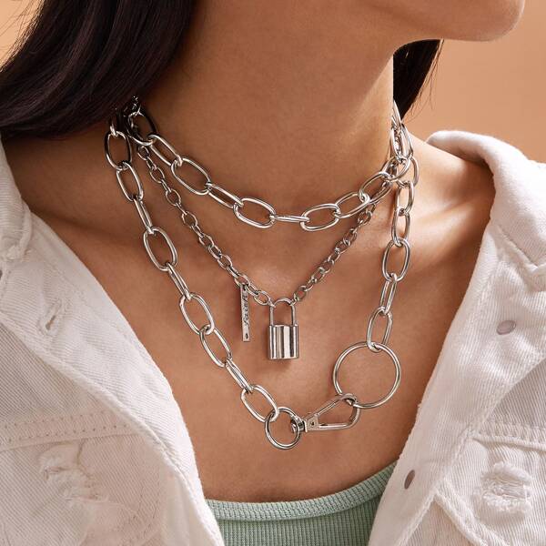 

3pcs Lock & Bar Chain Necklaces, Silver